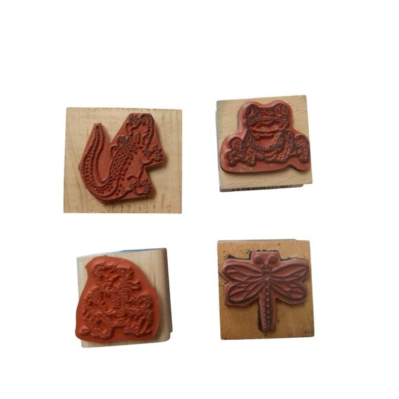 1990s Wood Mounted Rubber Stamps Set 4 Frog Dragonfly Bear Alligator Frog - Picture 2 of 4